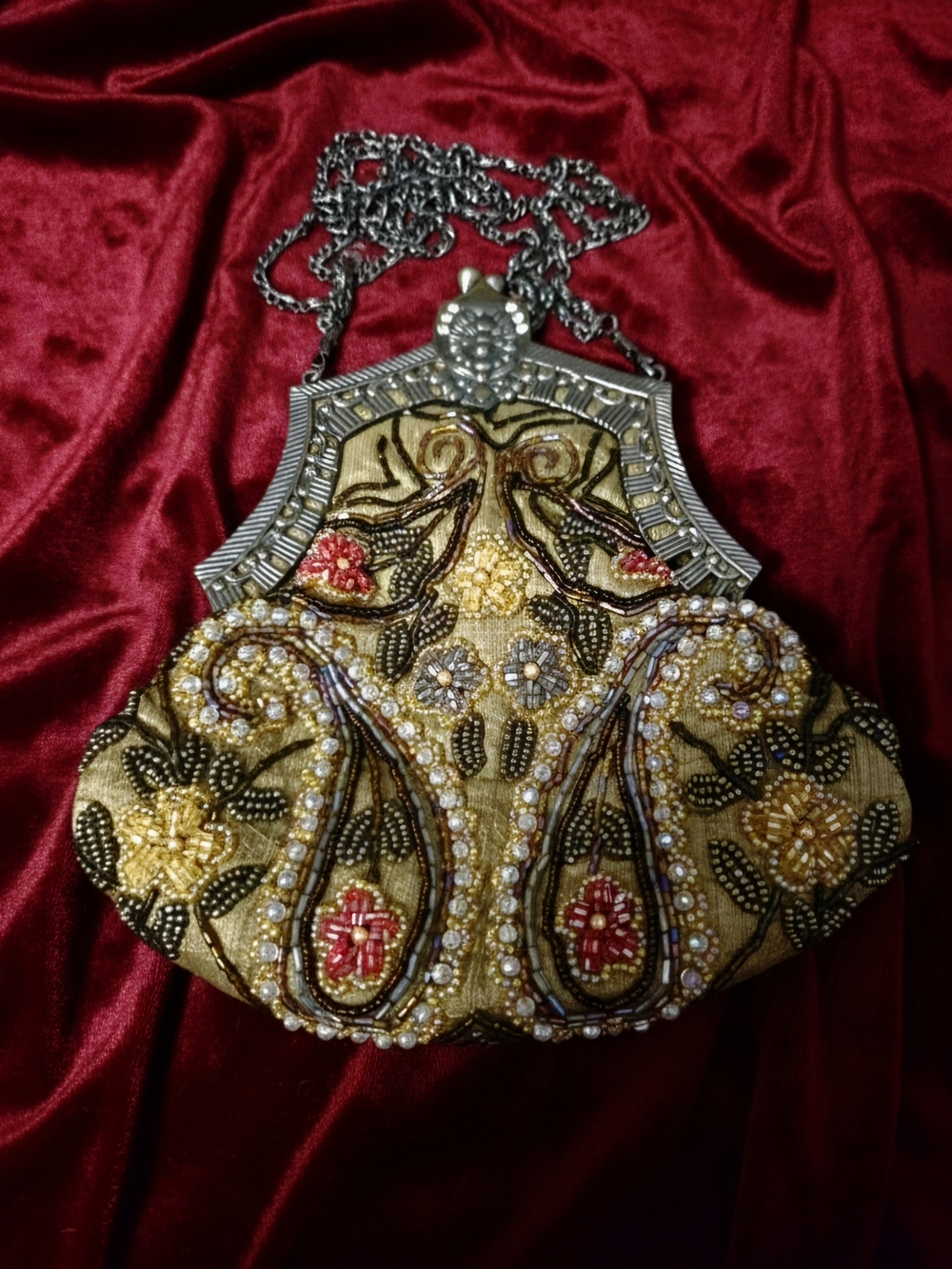 1900 Glass Beaded Ornate Metal Filigree Frame Purse Made In Belgium